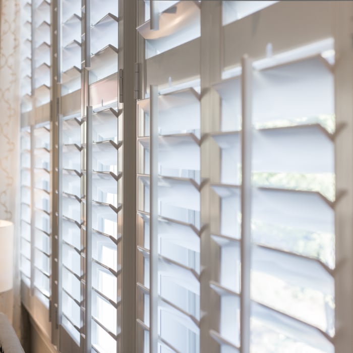 White plantation shutters up close