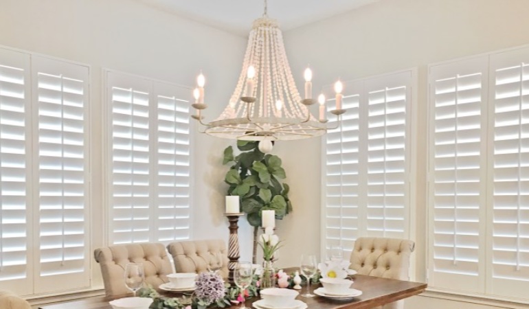 Polywood shutters in a Austin dining room.