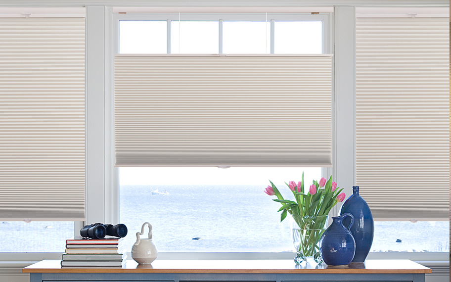 Cellular shades in oceanside beach house.