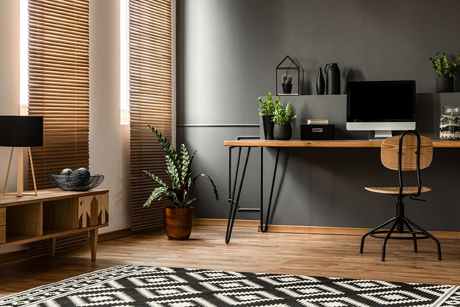 Wood blinds on tall living room windows